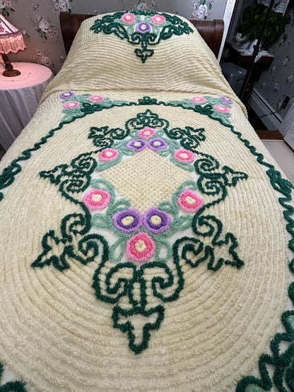 Vintage Yellow Chenille Bedspread, Lollipop Roses & Green Medallion Scrolls, Full Size
