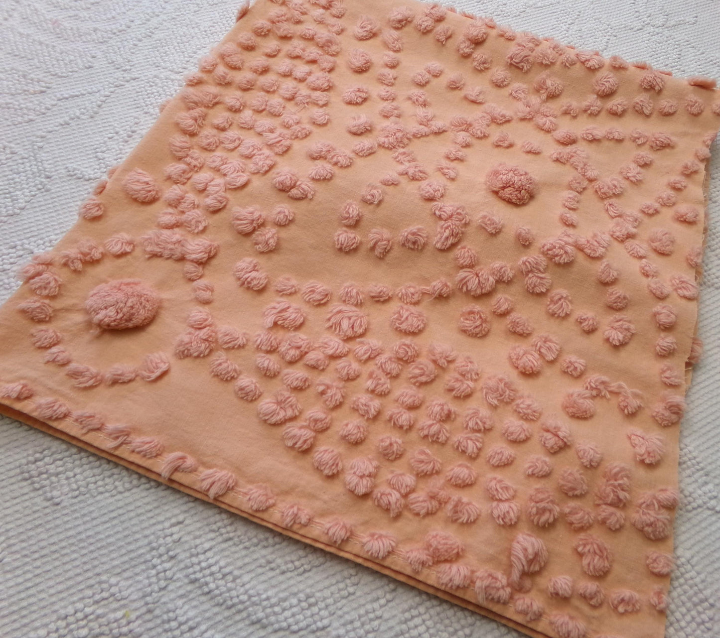 cosmic sunrise vintage chenille fabric, handtufted sun pops, 20" x 23" piece of peach antique sewing & quilt material