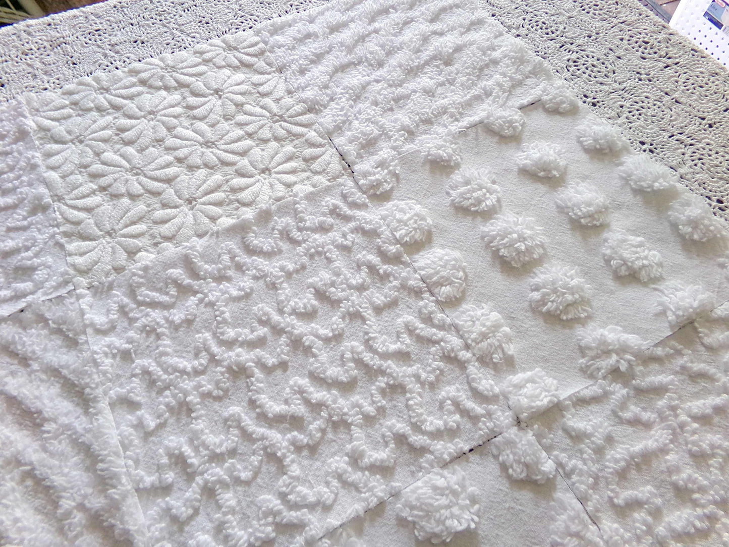 Daisies in Snow Chenille Fabric Squares, Set of 16 Quilt Blocks, 6" each in Shades of White, Great Neutral Textures