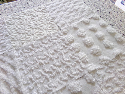 Daisies in Snow Chenille Fabric Squares, Set of 16 Quilt Blocks, 6" each in Shades of White, Great Neutral Textures