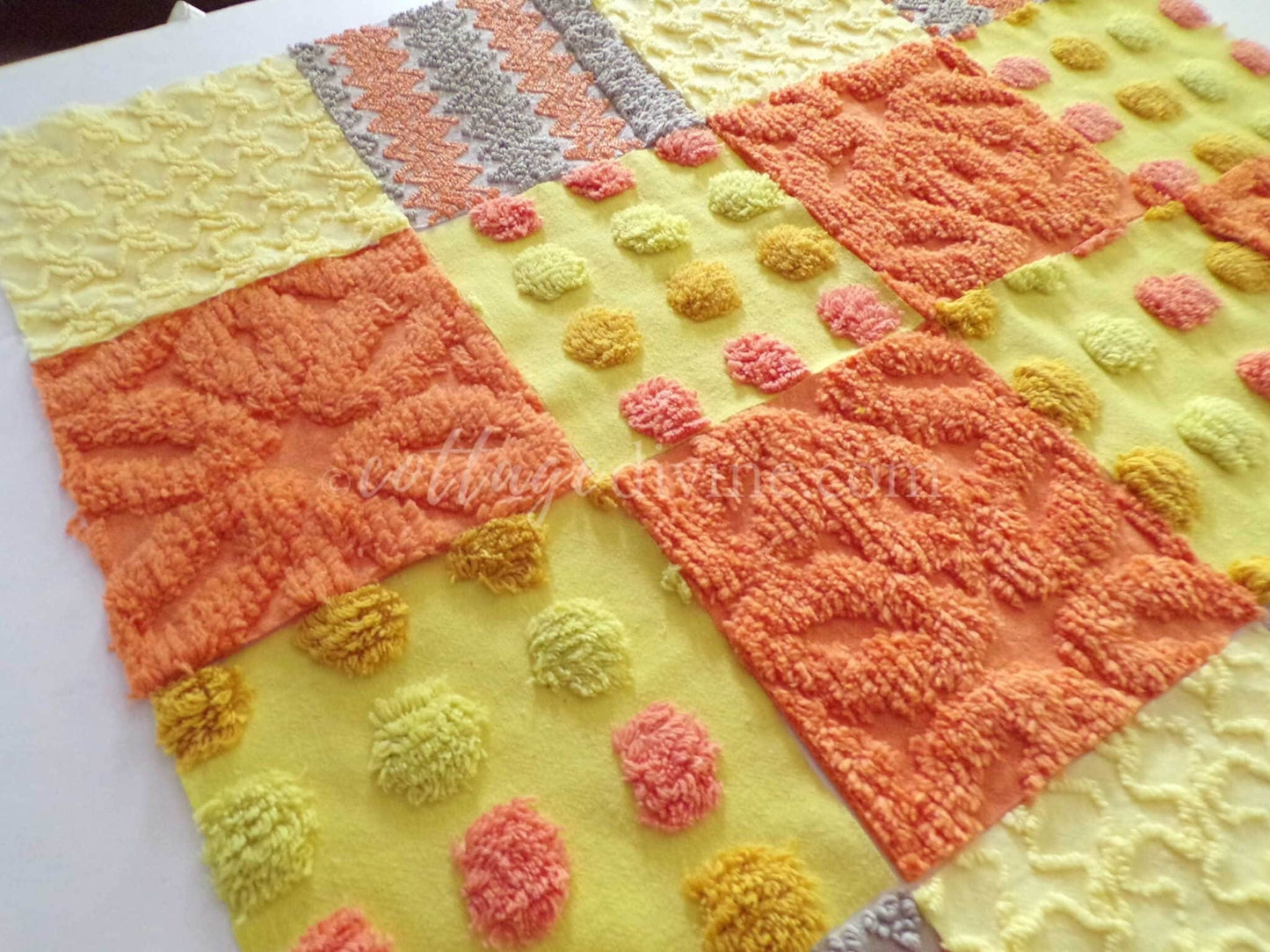 retro hippie daze chenille fabric squares, set of 16 vintage 6" x 6" inch quilt blocks for crafts, sewing, fiber arts