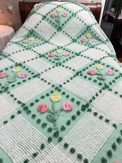 Mint Green Floral Vintage Chenille Bedspread, Cottage Garden Trellis Flowers, Full