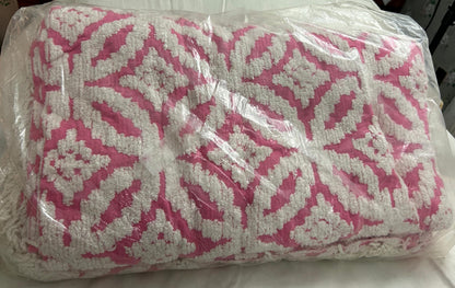 Rose Pink Vintage Chenille Bedspread White Geometric Wedding Rings, FULL Size NOS