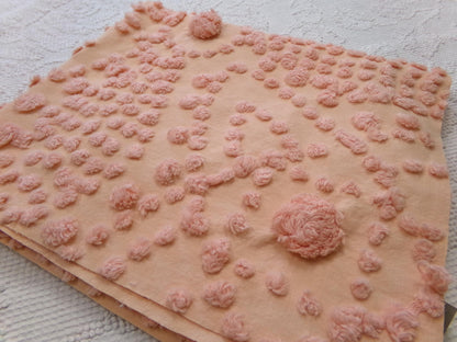 cosmic sunrise vintage chenille fabric, handtufted sun pops, 20" x 23" piece of peach antique sewing & quilt material