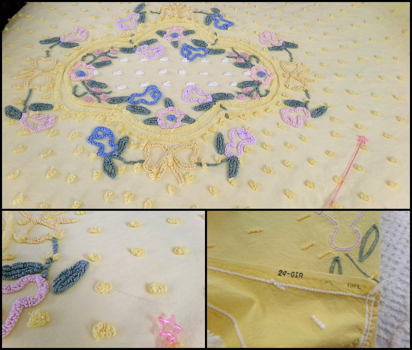 Sunny Floral Vintage Chenille Bedspread, Cotton Summer Coverlet, Twin Sz Bedding