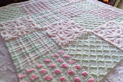 Picnic Pink & Green Chenille Fabric Squares Set of 16 Quilt Blocks, 6" x 6" inches each, Pretty Green, White, Pink Rosebud