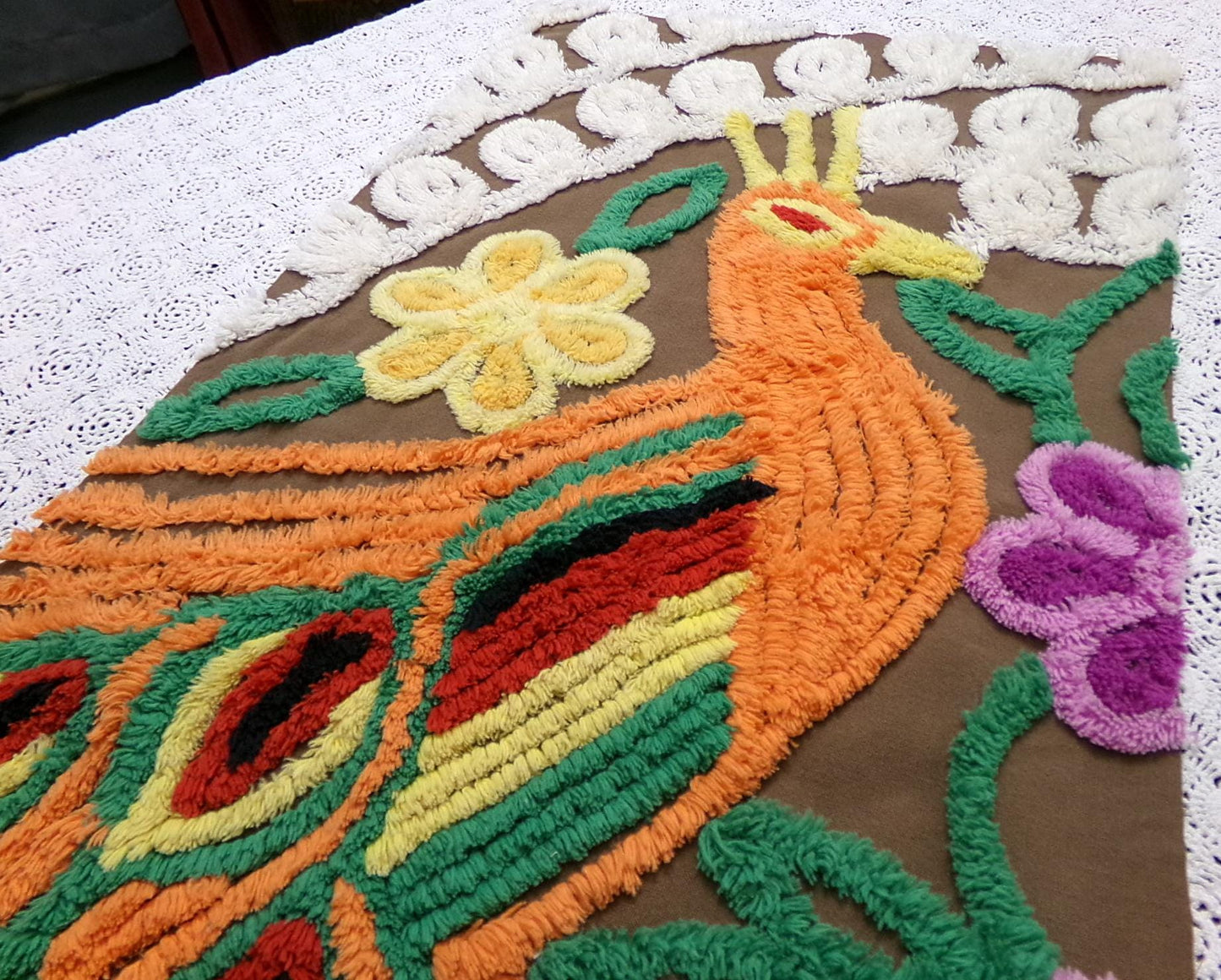 boho peacock vintage chenille bedspread fabric exotic bird brown orange 13x21" small piece