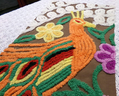 boho peacock vintage chenille bedspread fabric exotic bird brown orange 13x21" small piece