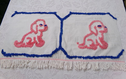 Pink Puppy Dog Vintage Chenille Fabric, Pair of Puppies on Cotton Feedsack, 12" x 26" Piece