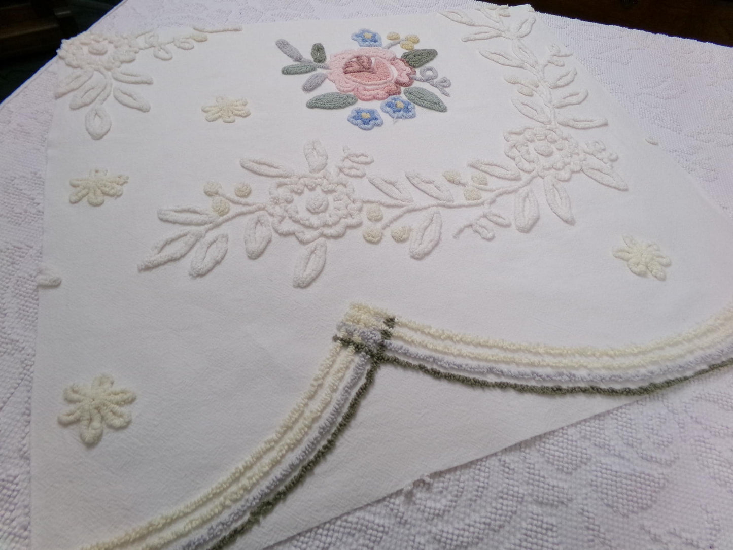 Solitary Rose Vintage Chenille Bedspread Fabric, Shabby Sweet Sewing Material, 22" x 24"