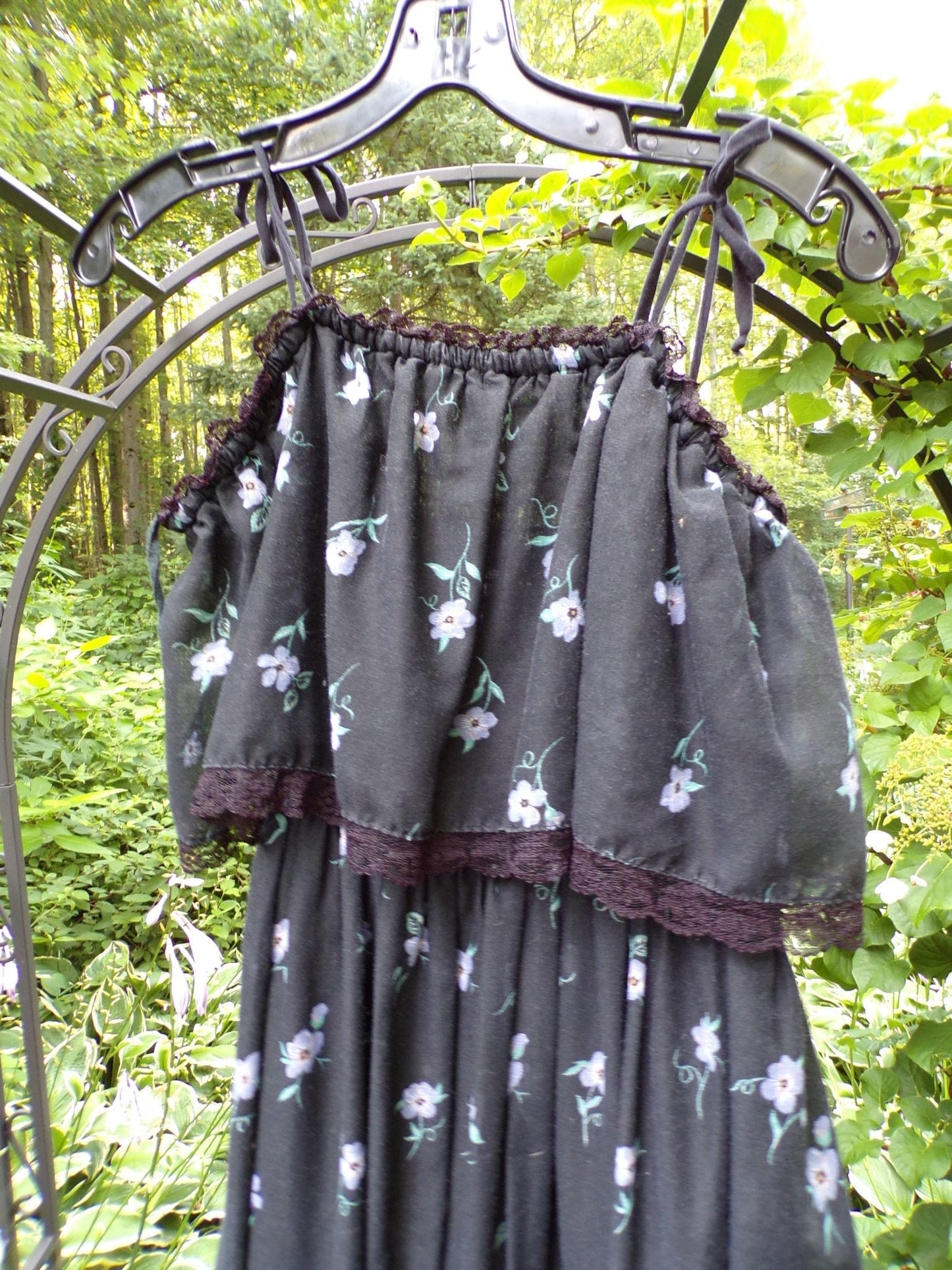 Vintage Boho Prairie Dress Black Floral 70s Maxi Sundress Jr Sz 13