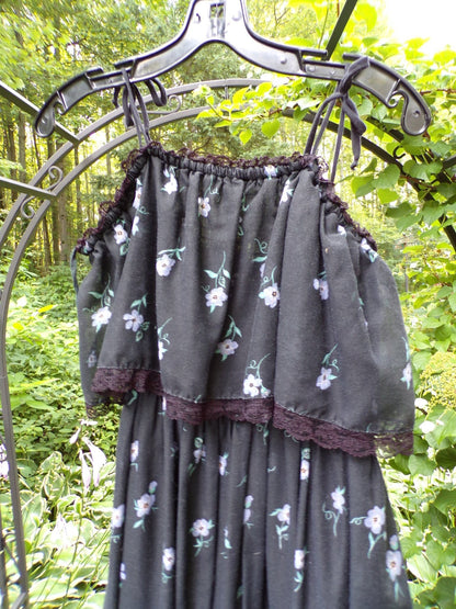 Vintage Boho Prairie Dress Black Floral 70s Maxi Sundress Jr Sz 13