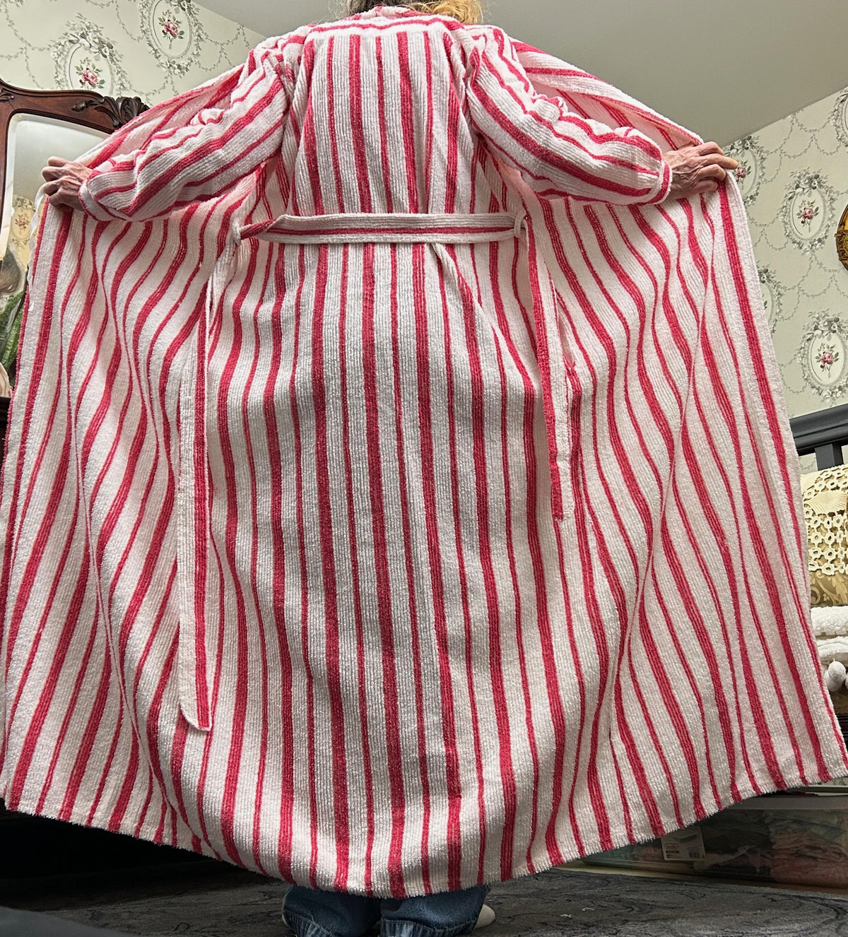 Vintage Chenille Robe Red & White Candy Stripe, Full Length Women’s Small Bathrobe