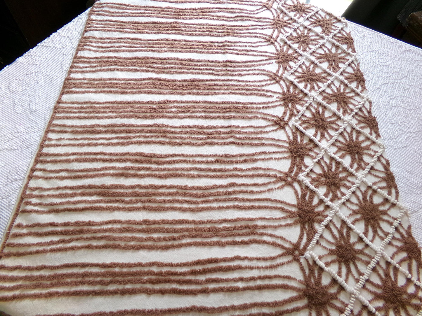 shabby cozy brown vintage chenille fabric, contrast stripe spider tuft design, 23" x 29" piece sewing & quilt material