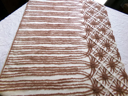 shabby cozy brown vintage chenille fabric, contrast stripe spider tuft design, 23" x 29" piece sewing & quilt material
