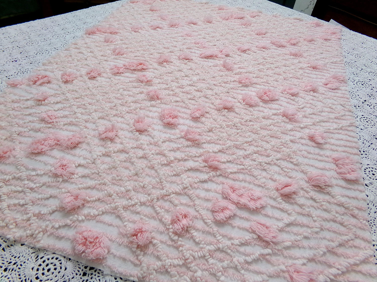 Blush Pink White Vintage Chenille Bedspread Fabric 18x24" Geometric Diamond Puffs