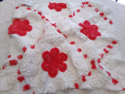 Vintage Plush Chenille Fabric, Red Roses in White Snow 18x21" Piece
