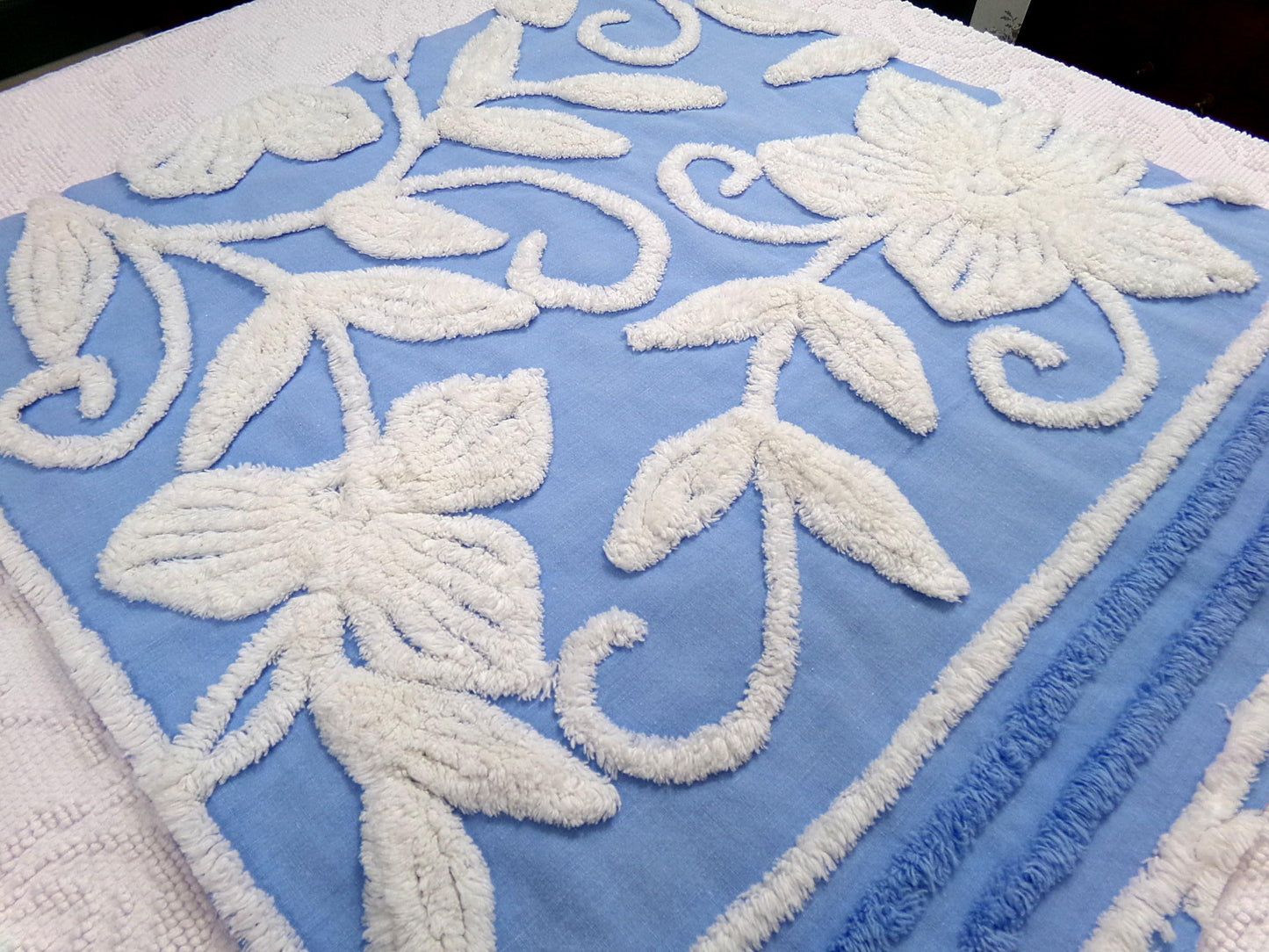 botanical blue vintage chenille fabric, super plush white florals, 21" x 23" piece sewing material