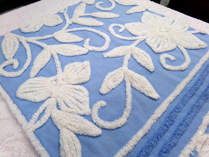 botanical blue vintage chenille fabric, super plush white florals, 21" x 23" piece sewing material