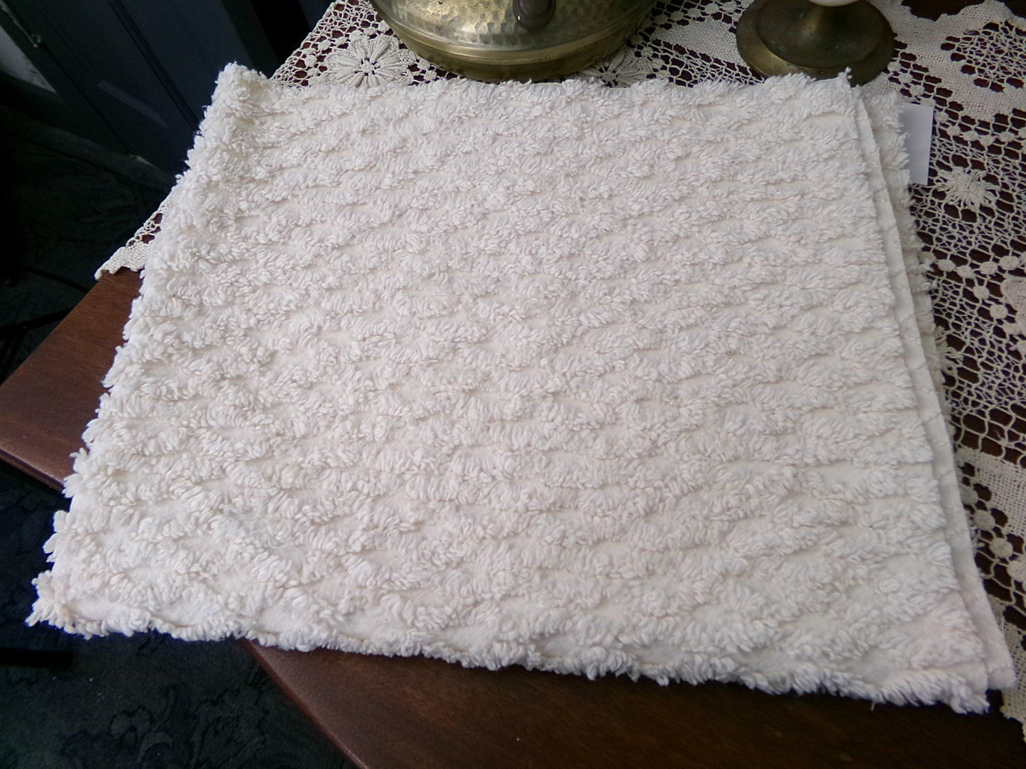 Simple Vanilla Vintage Chenille Fabric, tufted lattice design, sewing craft quilt material, 20" x 24" piece