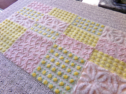 Spring Dance Chenille Quilt Squares, Cheerful Craft Square Set from Vintage Bedspread Fabric, 16 Blocks, 6" x 6" inch, Pink & Yellow