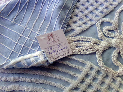 Shabby Chic Vintage Fabric, Porcelain White Rose Floral Chenille on Cloud Blue Cotton, 24" x 30" inch Piece, So Pretty in Pillows & Quilts