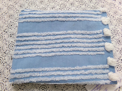 Shabby Sky Blue Vintage Chenille Fabric White Stripe Sewing Material 18" x 30"