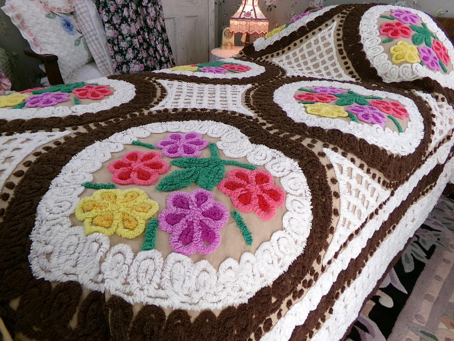 Vintage Chenille Bedspread, Rainbow Hearts Chocolate Brown, Full Size
