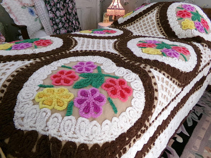 Vintage Chenille Bedspread, Rainbow Hearts Chocolate Brown, Full Size