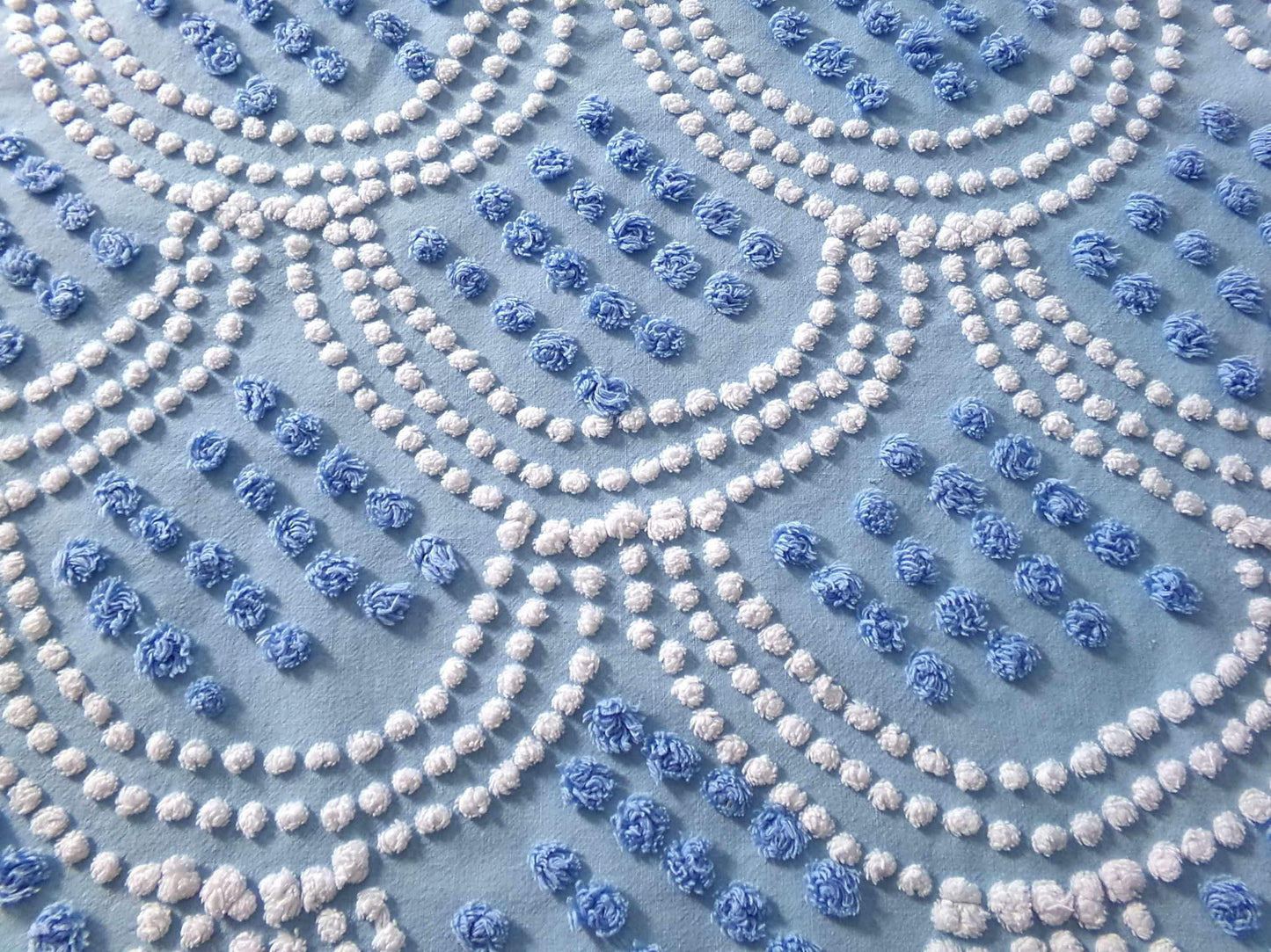 mermaid tails vintage chenille fabric, 25" x 24" inch piece in beautiful blue & white scallop pops design