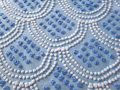 mermaid tails vintage chenille fabric, 25" x 24" inch piece in beautiful blue & white scallop pops design