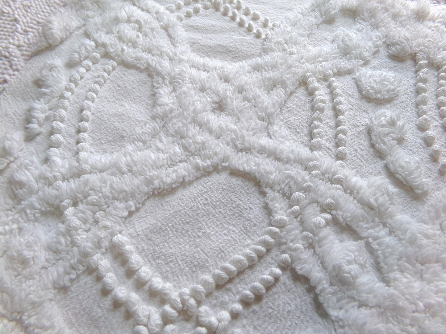 elegant white eternity links vintage chenille fabric, 12" x 18" piece of cotton sewing material for crafts, quilts, pillows