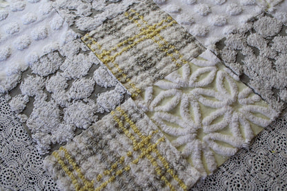 Sun & Clouds Vintage Chenille Fabric Squares, Set of 17 Rotary Cut 6" Quilt Blocks, Soft Yellow, White, Grey