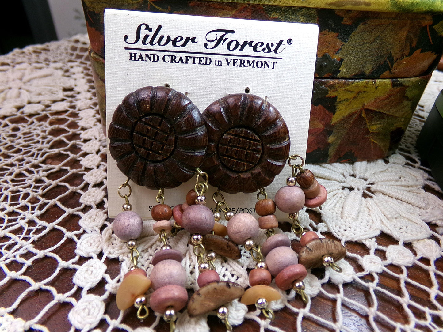 Boho Vintage Silver Forest Wood Dangle Earrings, Pierced Post Back