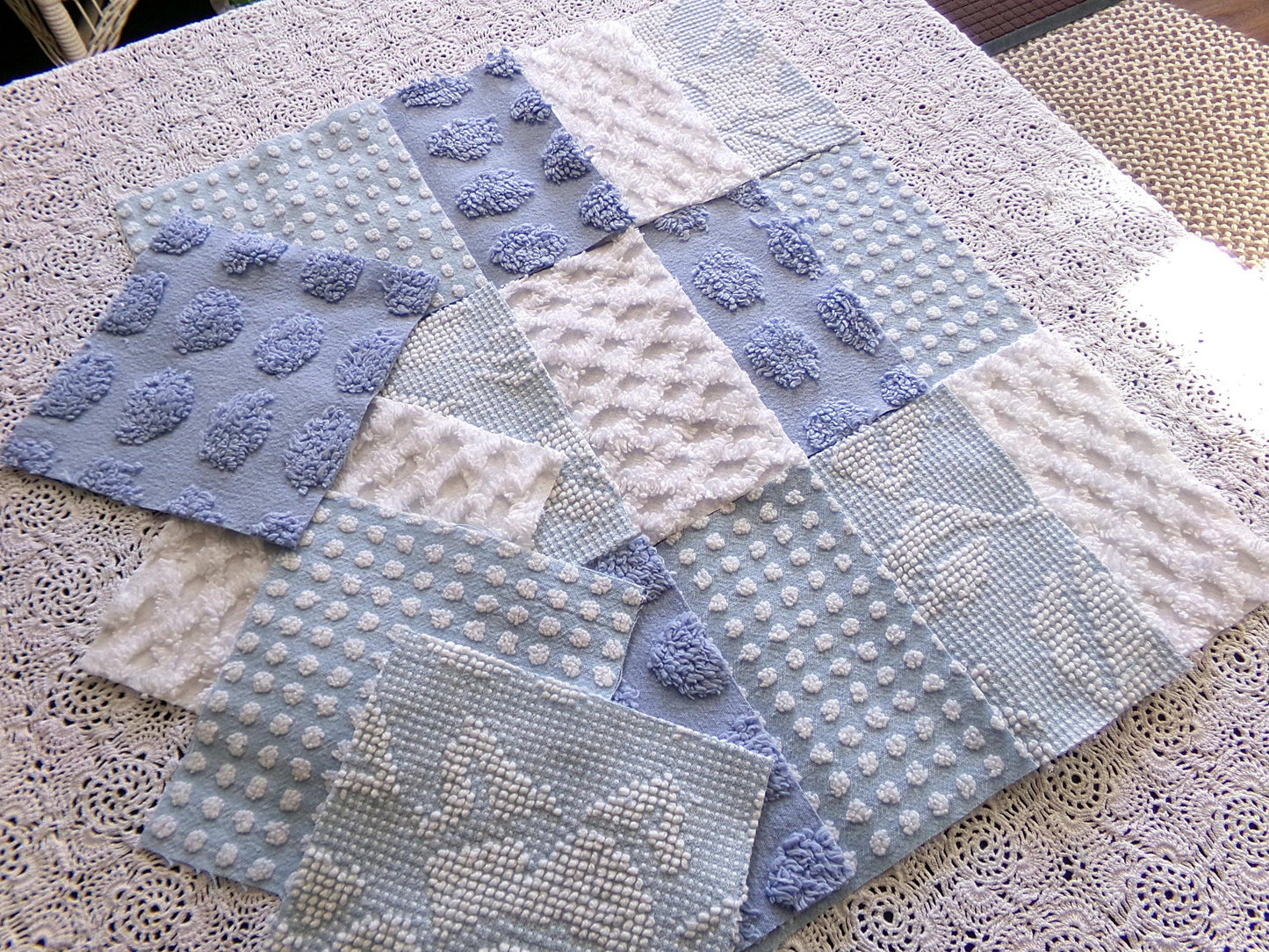 blue chenille fabric squares, set of 16 vintage 6" quilt blocks in coastal blues & white textures