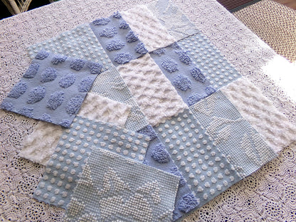 blue chenille fabric squares, set of 16 vintage 6" quilt blocks in coastal blues & white textures