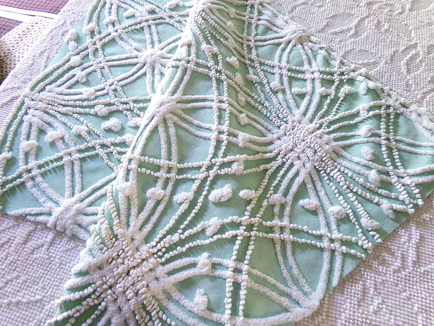 starry spiderweb jade green vintage chenille fabric, unique webbed design, 20" x 26" inch piece for quilting material & sewing