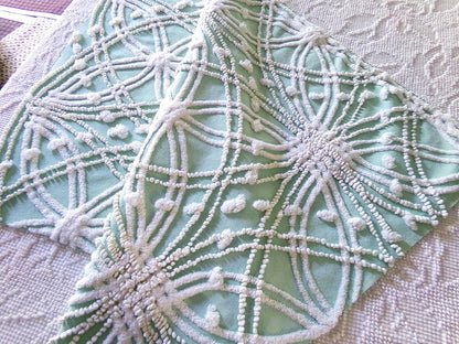 starry spiderweb jade green vintage chenille fabric, unique webbed design, 20" x 26" inch piece for quilting material & sewing