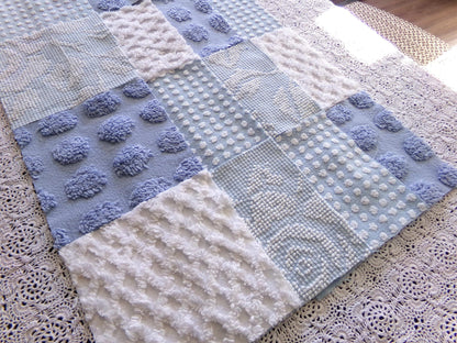 blue chenille fabric squares, set of 16 vintage 6" quilt blocks in coastal blues & white textures