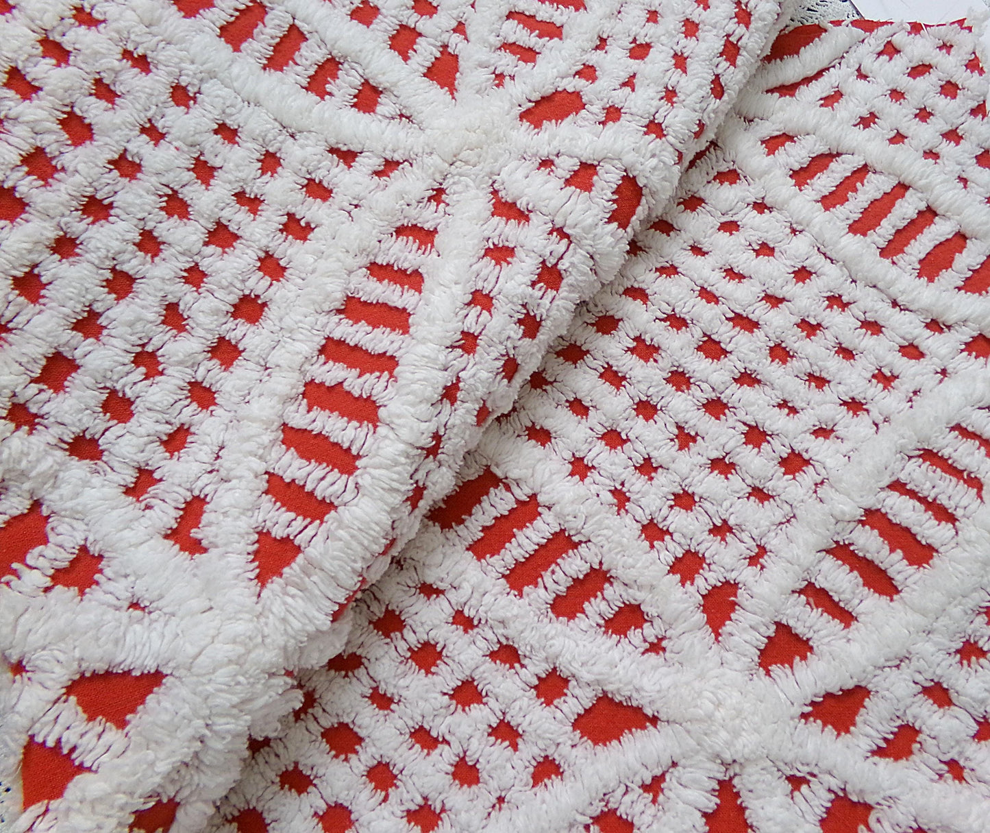 red & white vintage chenille fabric, geometric design 20" x 24" piece quilt material