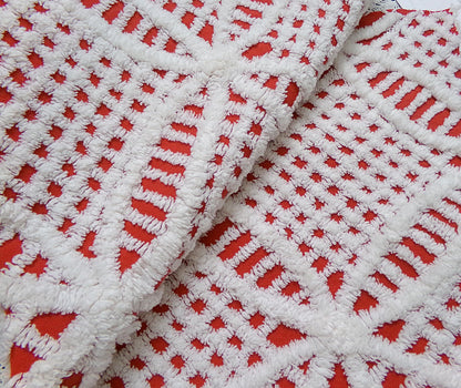 red & white vintage chenille fabric, geometric design 20" x 24" piece quilt material