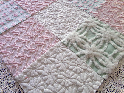 Chenille Squares Set, "Summer Bliss," 16 Vintage Fabric Quilt Blocks, 6" inch in White Daisy, Pink Rosebud, Mint Green, Squiggles