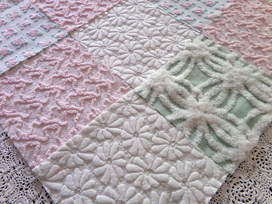 Chenille Squares Set, "Summer Bliss," 16 Vintage Fabric Quilt Blocks, 6" inch in White Daisy, Pink Rosebud, Mint Green, Squiggles
