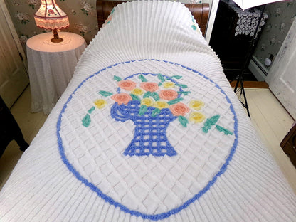 cottage style vintage chenille bedspread, spring flower basket on radiating white sunburst tufting, full size cotton bedding