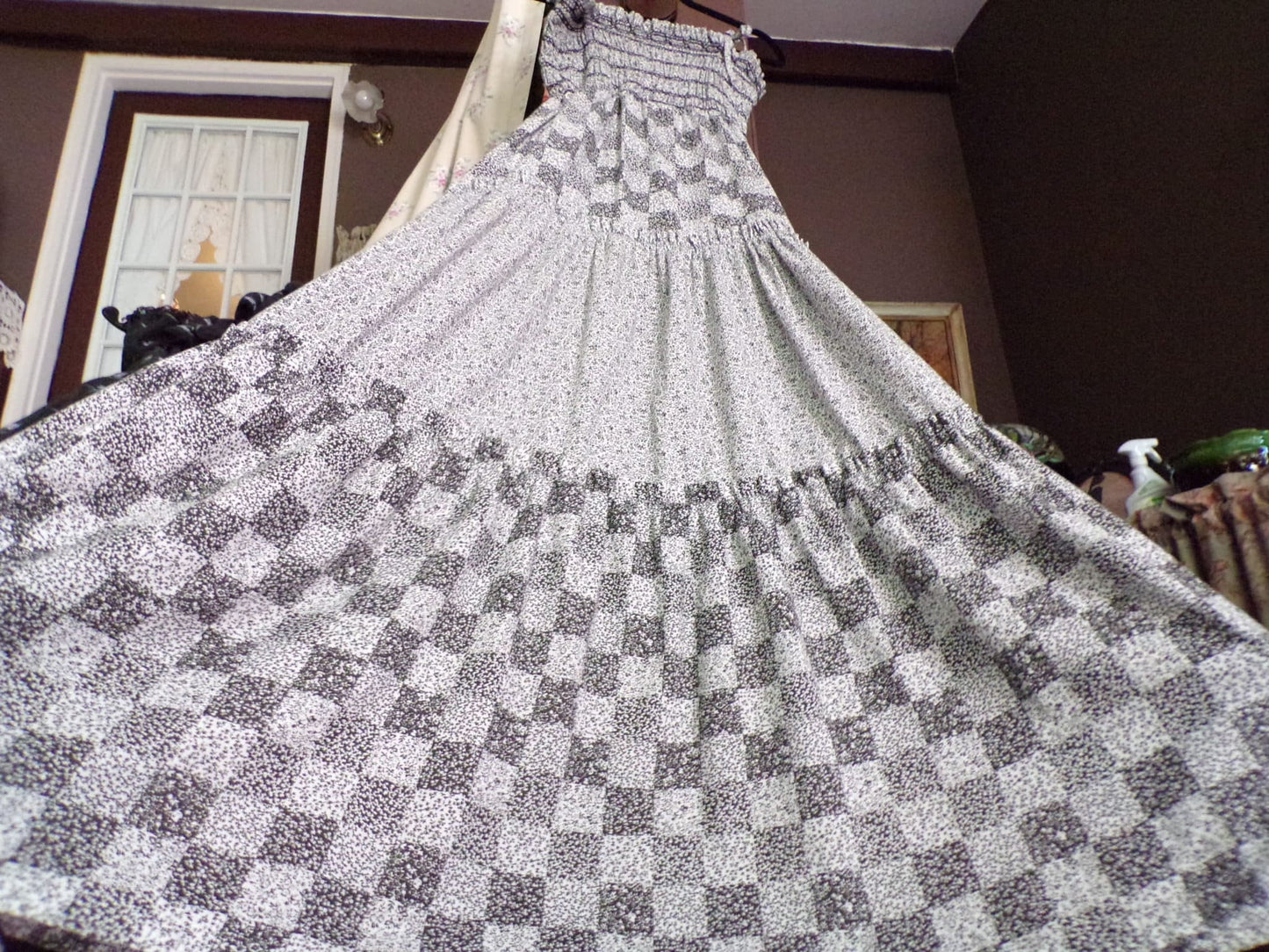 Vintage Prairie Dress Black White Maxi 1970s Sundress Micro Butterfly S