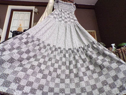 Vintage Prairie Dress Black White Maxi 1970s Sundress Micro Butterfly S