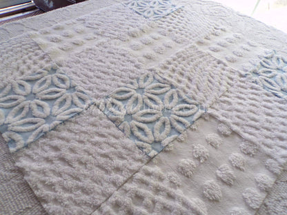 16 vintage chenille fabric squares: breezy blue & white 6" quilt blocks