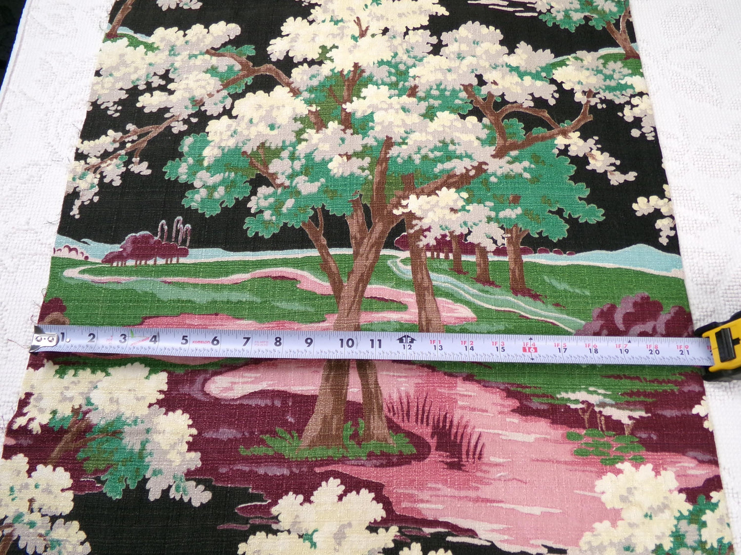 Moody Surreal Vintage Barkcloth Fabric Spooky Black Pink Mystic Winding Path, 20" x 35"