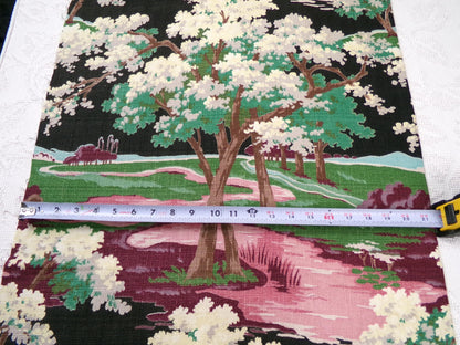 Moody Surreal Vintage Barkcloth Fabric Spooky Black Pink Mystic Winding Path, 20" x 35"