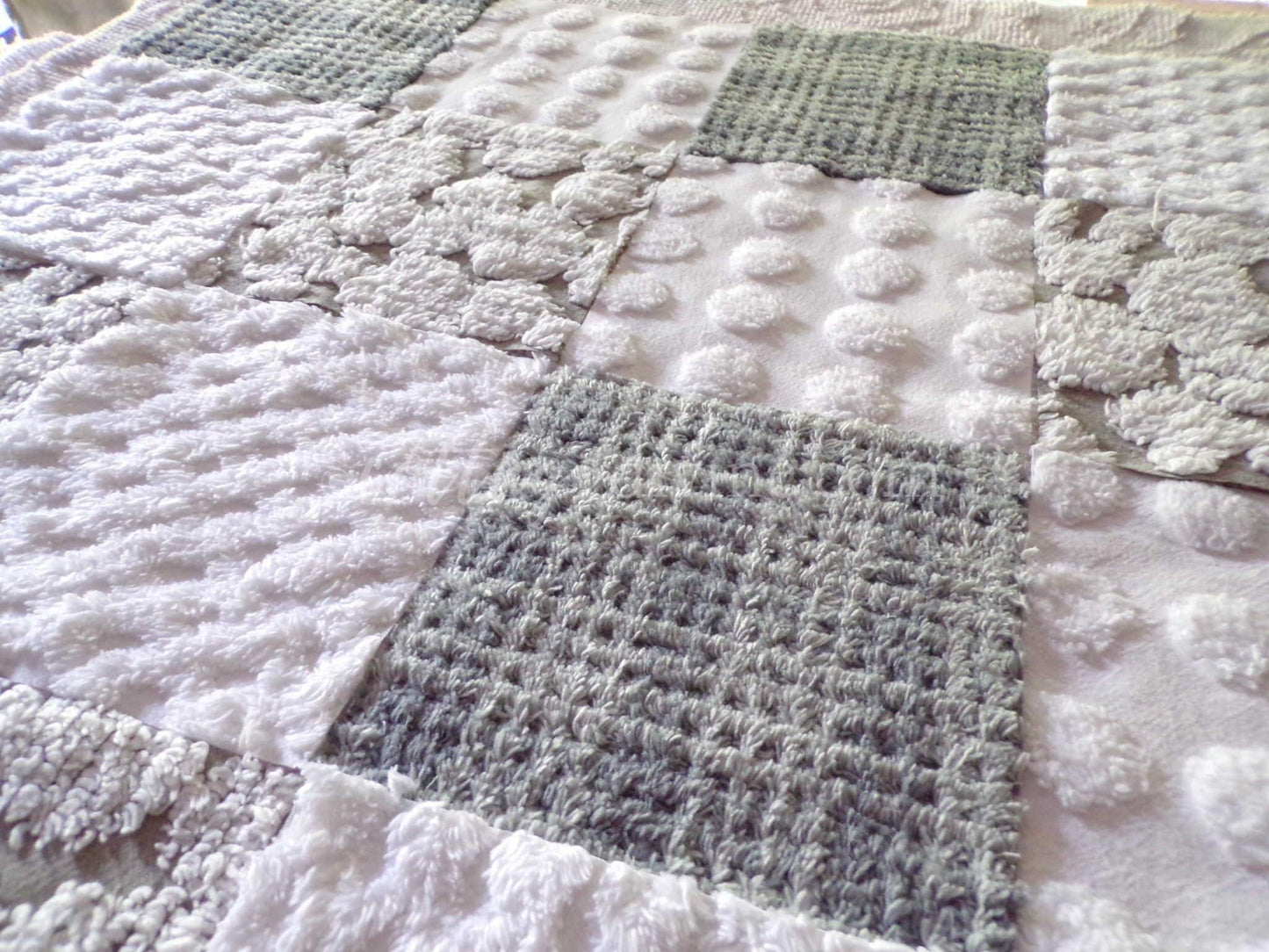 Gender Neutral Chenille Fabric Squares Set from Vintage Bedspread Fabrics, 16 Quilt Blocks, 6" inch, Modern Grey & White
